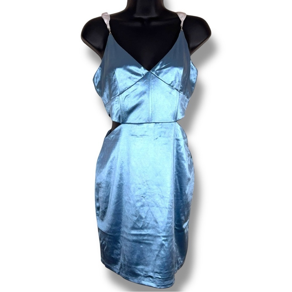 NEW Medium Forever 21 Blue Satin Dress Cutout Design Heart Rhinestone Straps